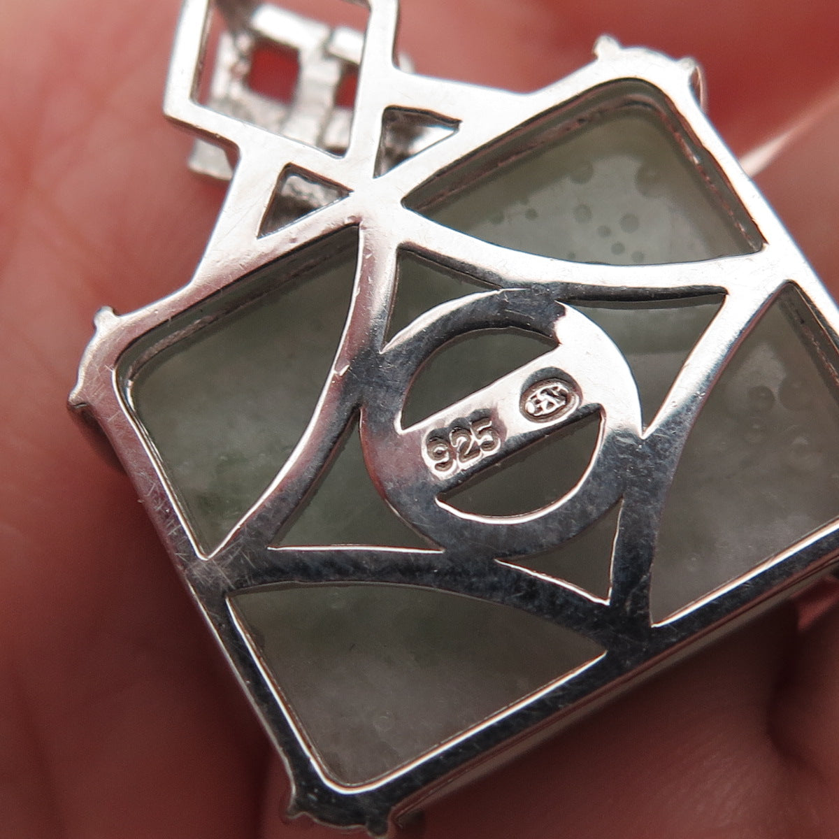 Heng Ngai 925 Sterling Silver Vintage Real Carved Jade Ornate Charm Pendant