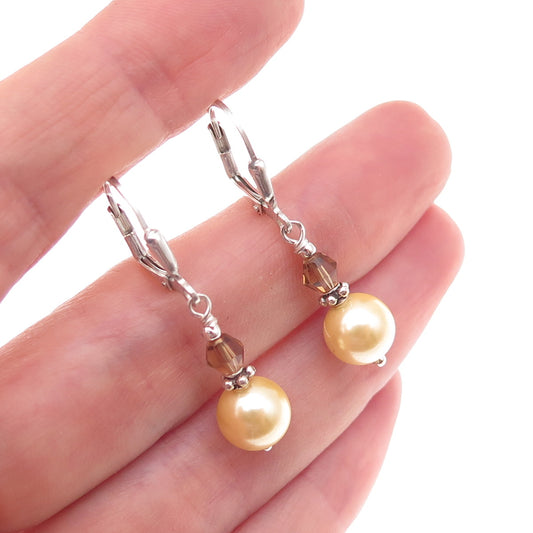 925 Sterling Silver Vintage Faux Pearl & Real Smoky Quartz Dangle Earrings