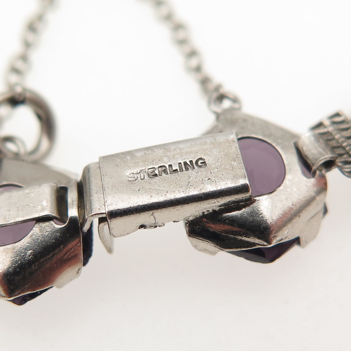 925 Sterling Silver Antique Art Deco Real Amethyst Bracelet 7.25"