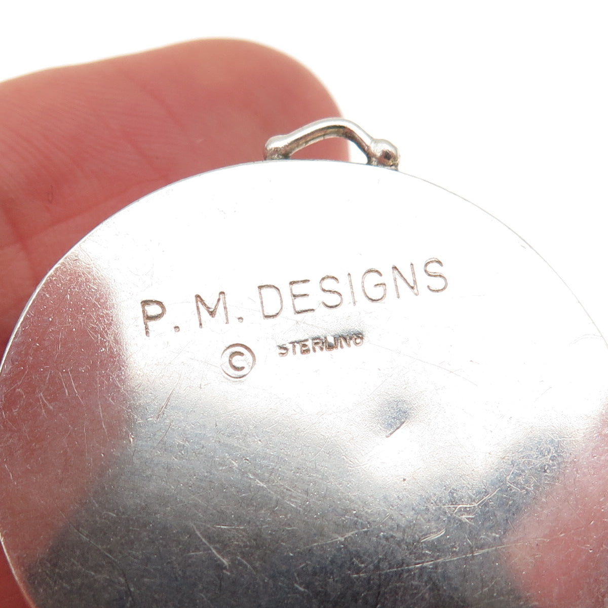 P.M. DESIGNS 925 Sterling Silver Vintage Real Ammonite Fossil Modernist Pendant