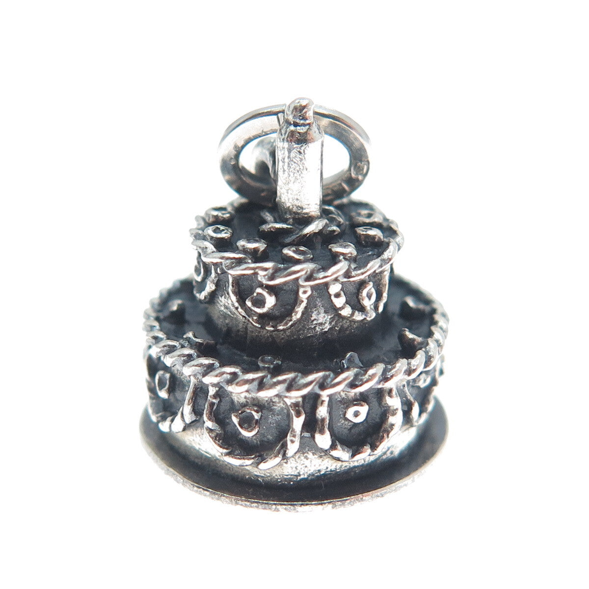 BEAU 925 Sterling Silver Antique Birthday Cake Oxidized Mini 3D Charm Pendant