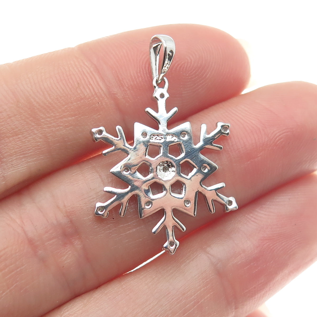925 Sterling Silver Real Round-Cut Diamond Snowflake Minimalist Pendant