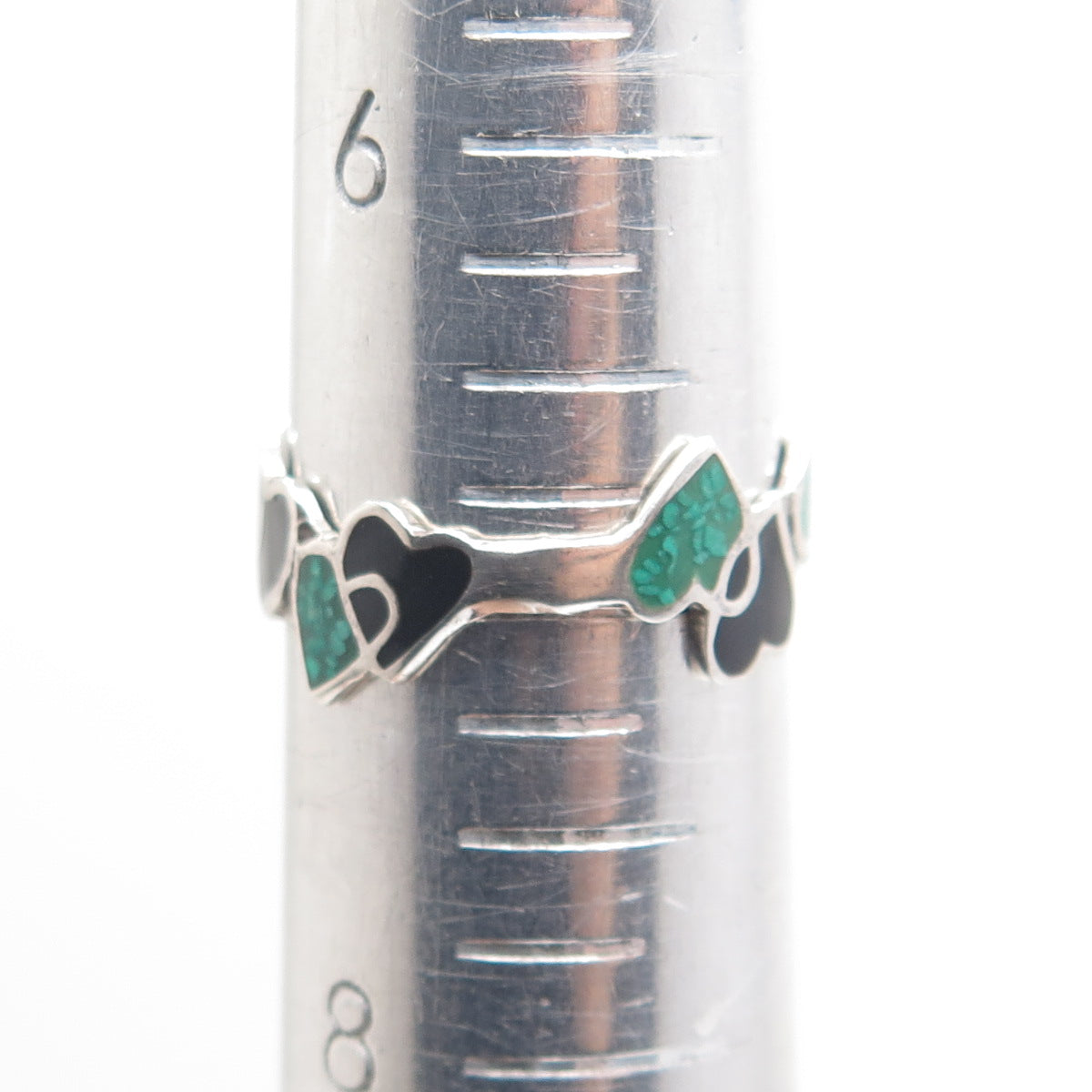 925 Sterling Silver Vintage Mexico Enamel Real Turquoise Inlay Heart Ring Size 7