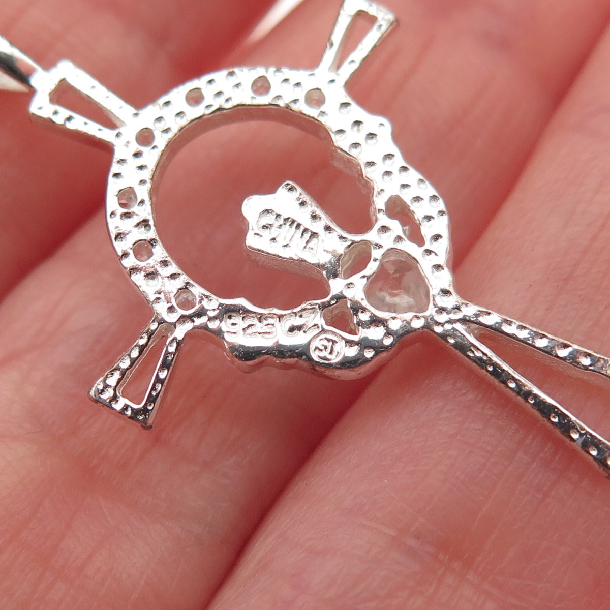 925 Sterling Silver Round & Heart-Cut C Z Irish Claddagh Cross Charm Pendant