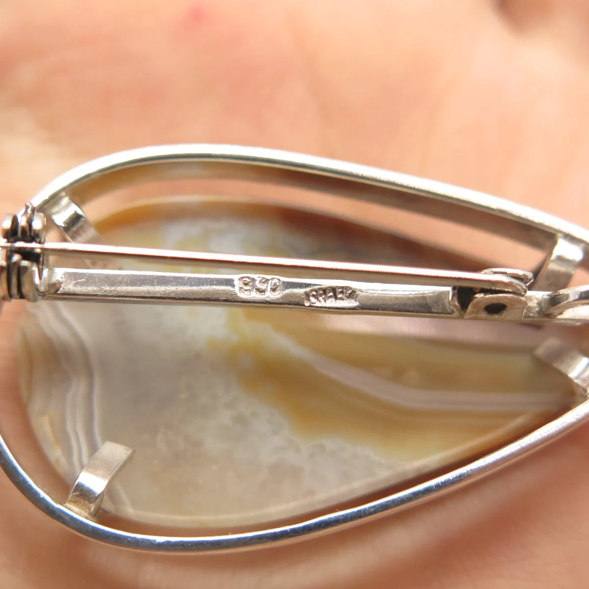 925 Sterling Silver Vintage Israel Real Agate Gemstone Pin Brooch