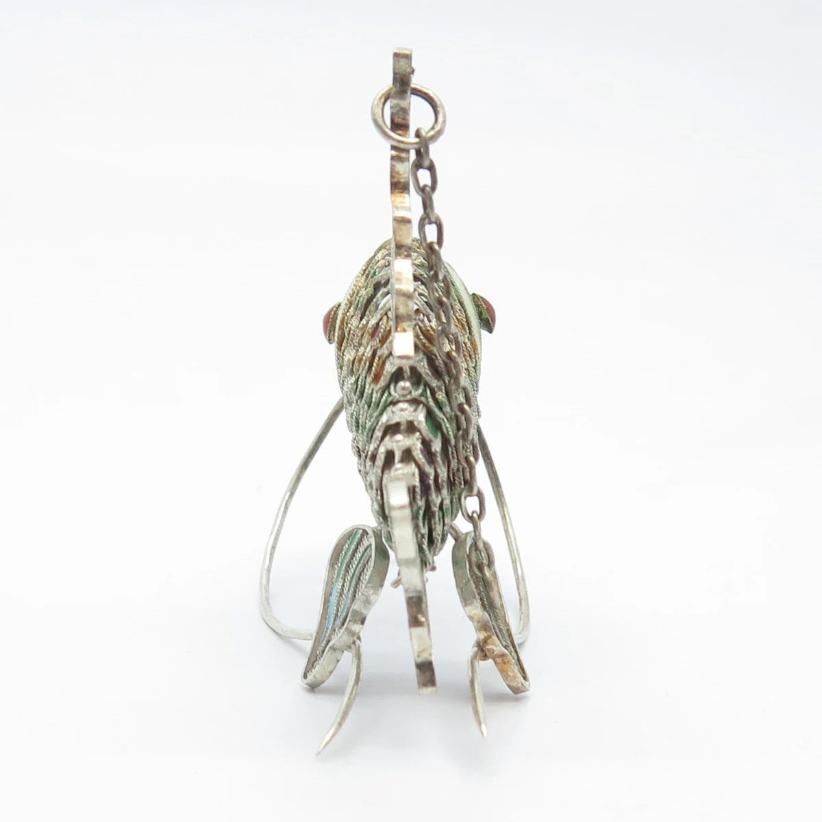 925 Sterling Silver Antique Enamel Chinese Koi Fish Articulated Chatelaine Fob