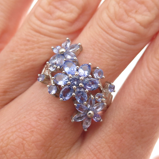 Chuck Clemency 925 Sterling Silver Real Tanzanite Floral Ring Size 8.25