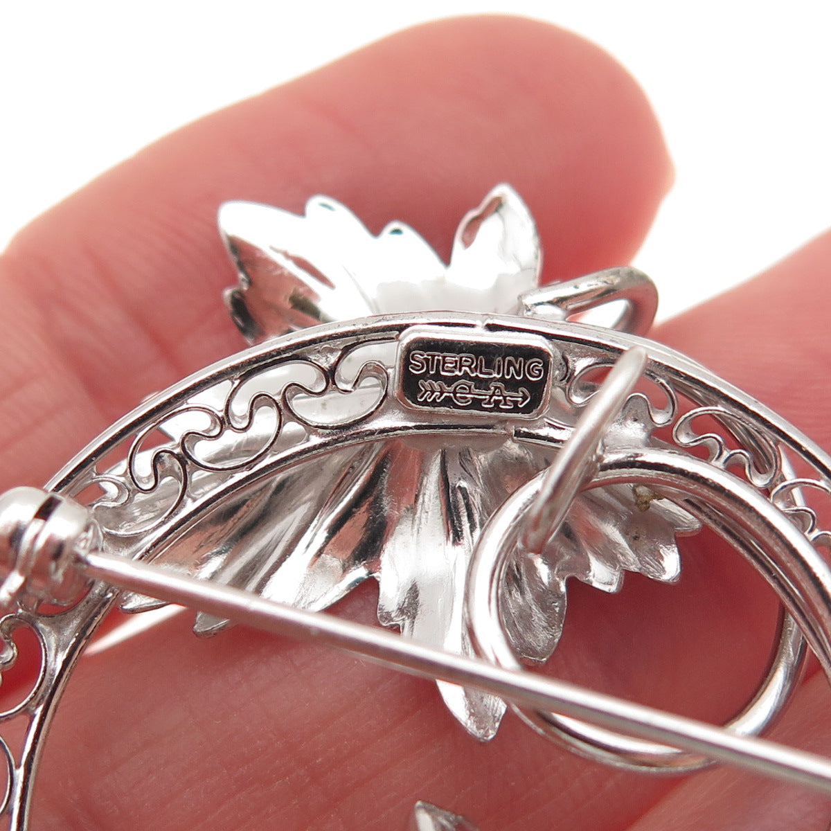 Carl Art 925 Sterling Silver Vintage Rhinestone Floral Leaf Pin Brooch
