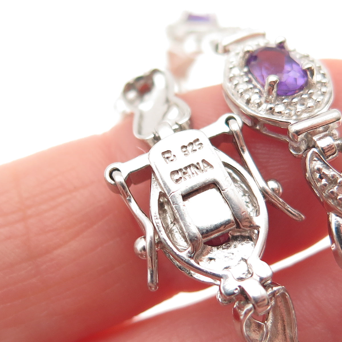 Ross Simons 925 Sterling Silver Real Diamond Accent & Amethyst Bracelet 7.25"