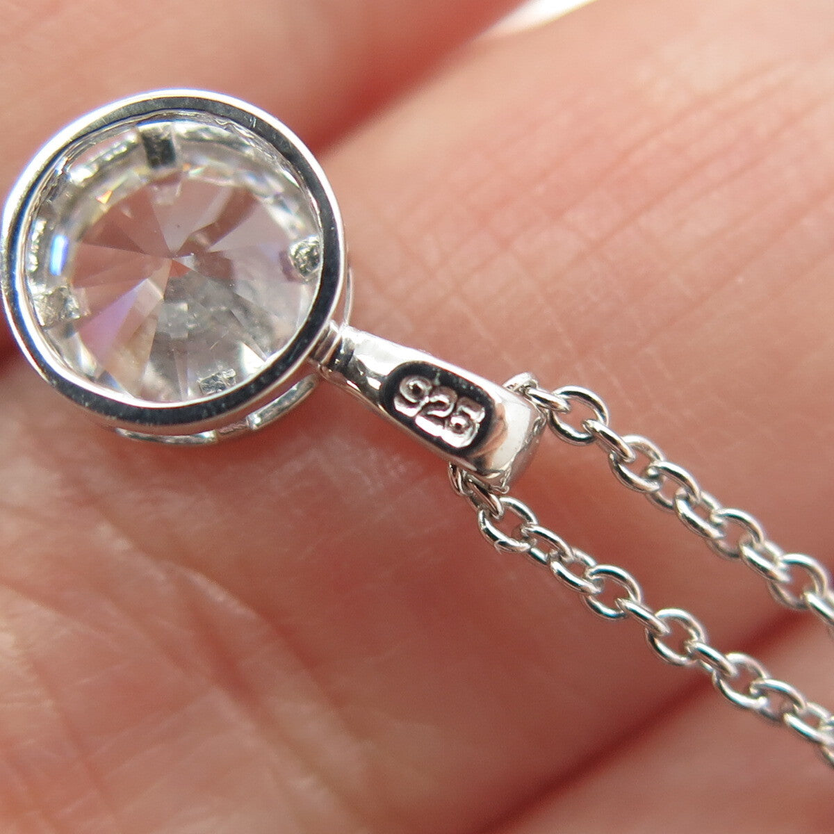925 Sterling Silver Round-Cut Shaped C Z Pendant Rolo Chain Necklace 18"