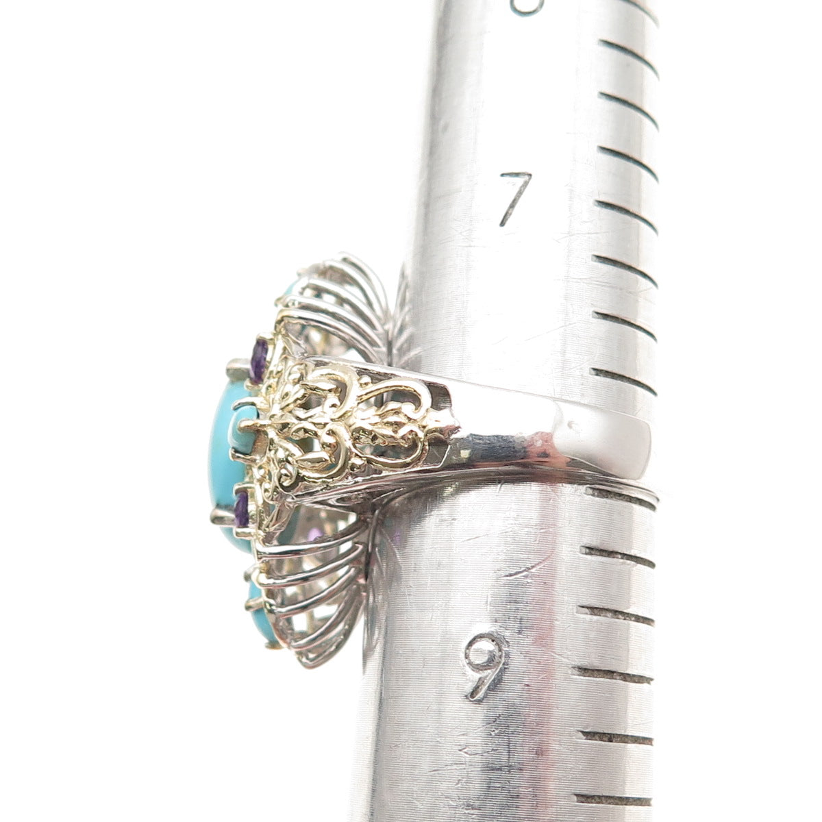 Chuck Clemency 925 Sterling Silver 2-Tone Real Turquoise Amethyst Ring Size 8.25