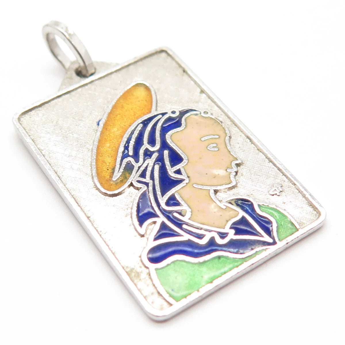 925 Sterling Silver Vintage Enamel Textured Virgin Mary Rectangle Pendant
