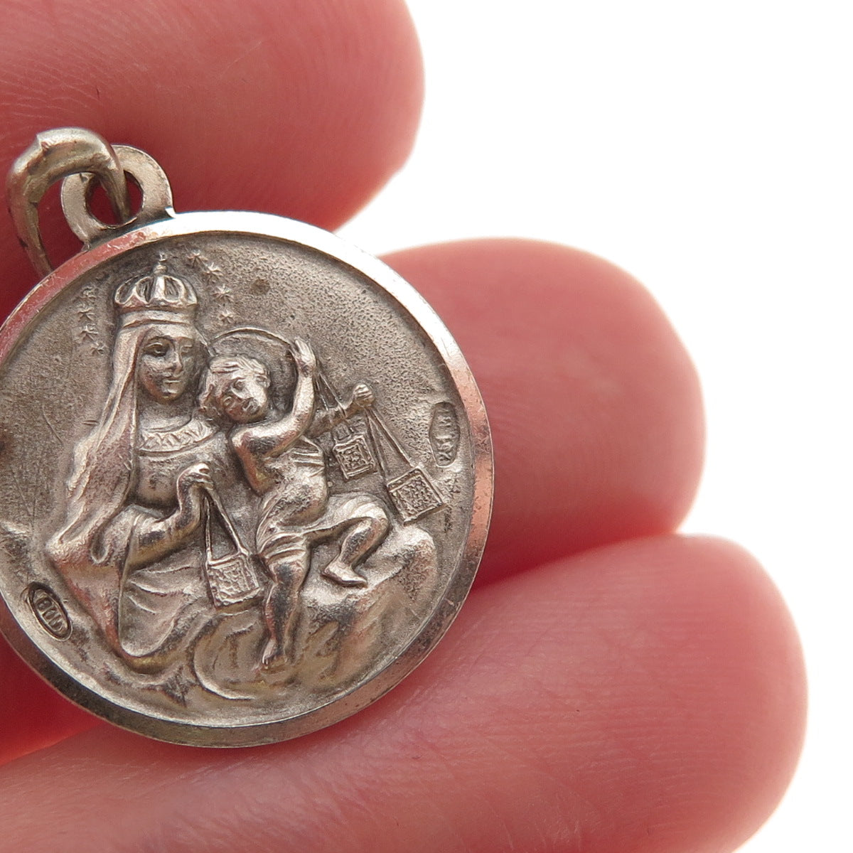 800 Silver Vintage Italy Jesus St. Mary Oxidized Mini Charm Pendant