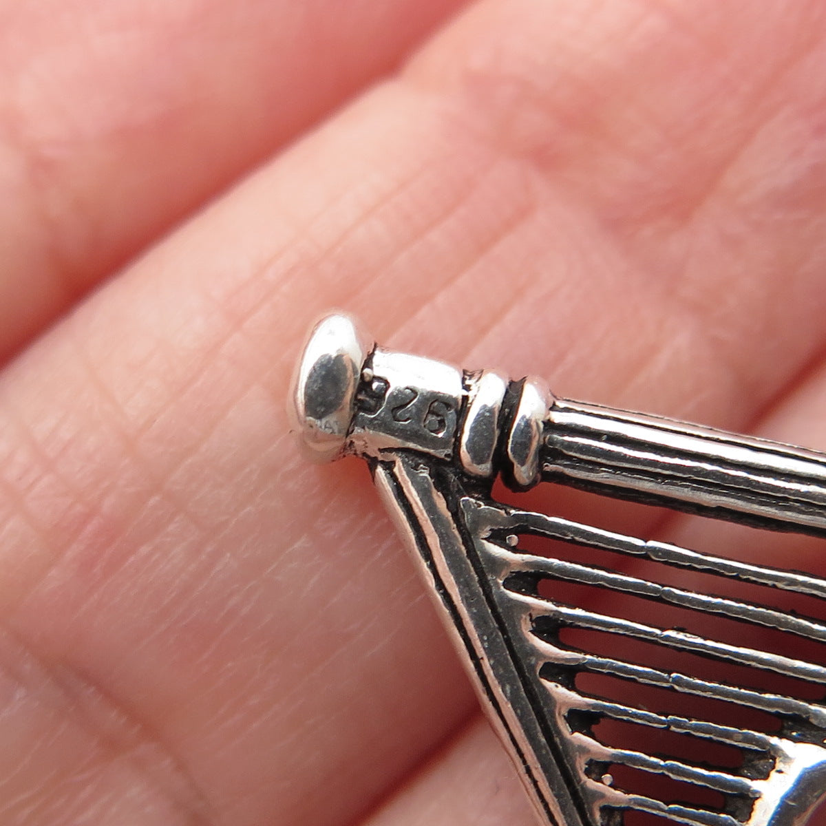 925 Sterling Silver Vintage Harp Oxidized Minimalist Charm Pendant