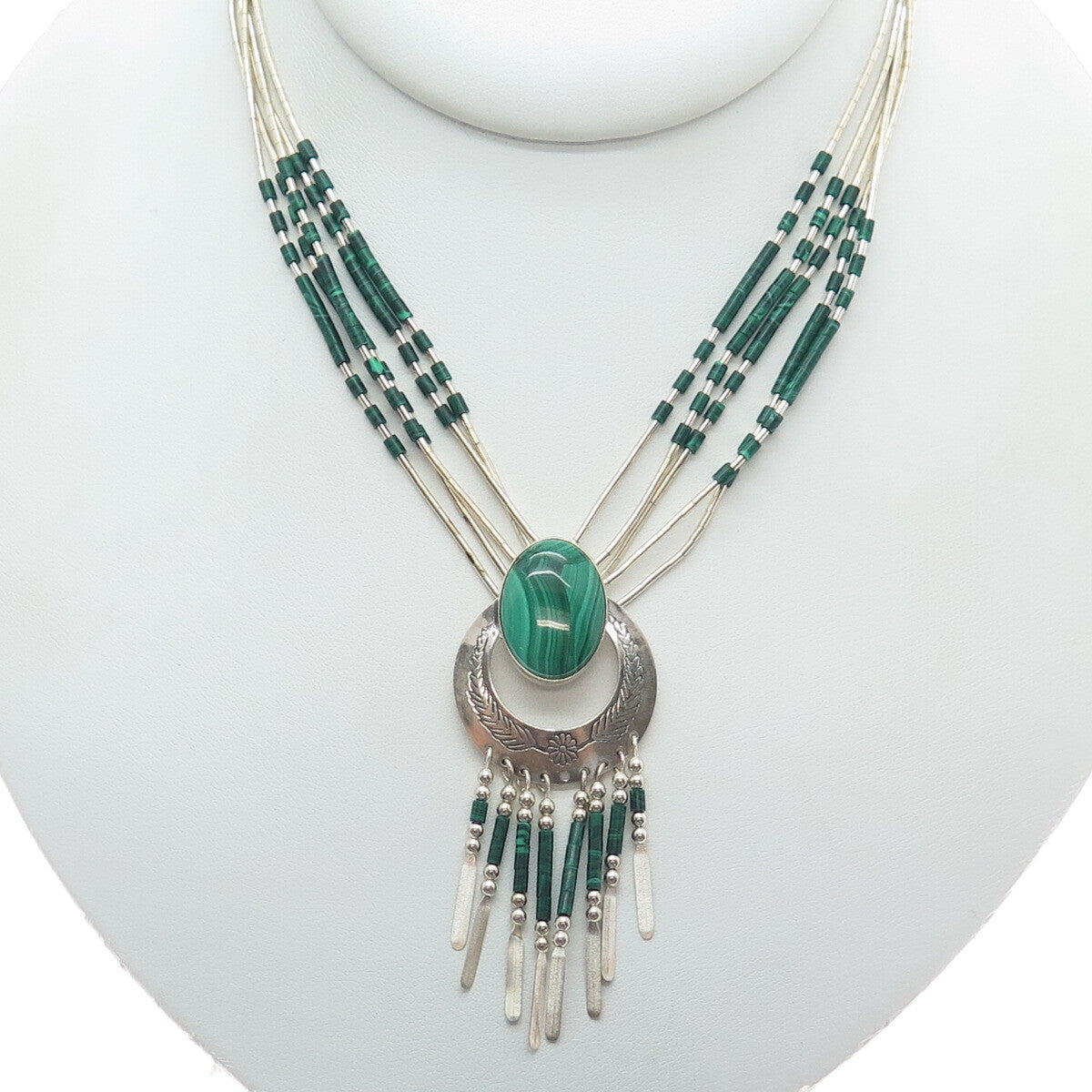 THOMAS SINGER Old Pawn Sterling Silver Vintage Malachite 5-Strand Necklace 22"