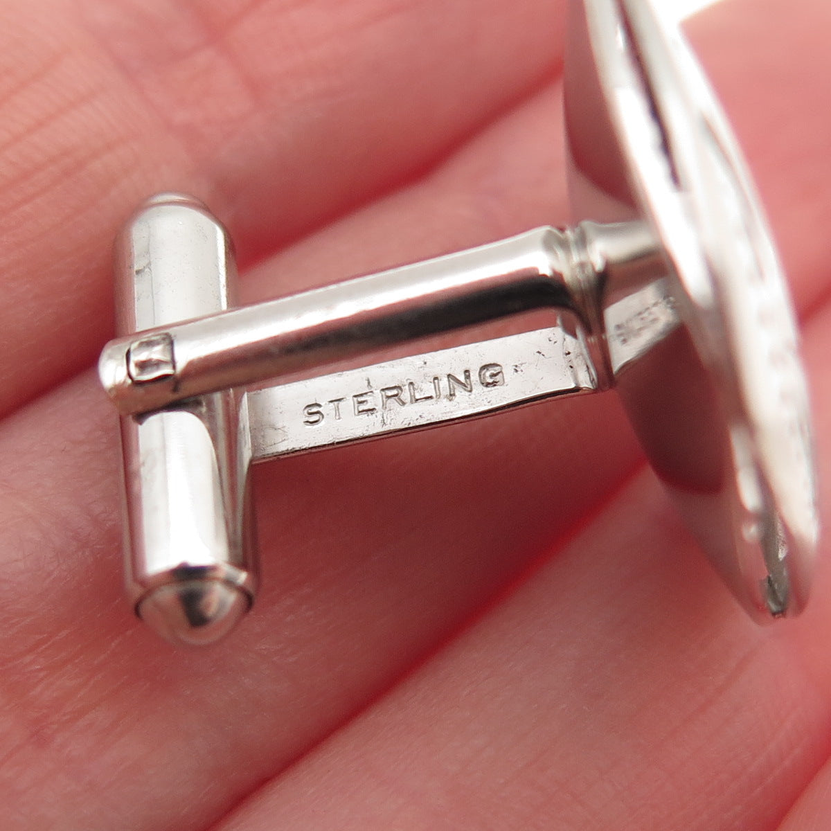 925 Sterling Silver Vintage Real Pearl Engraved Modernist Cufflinks