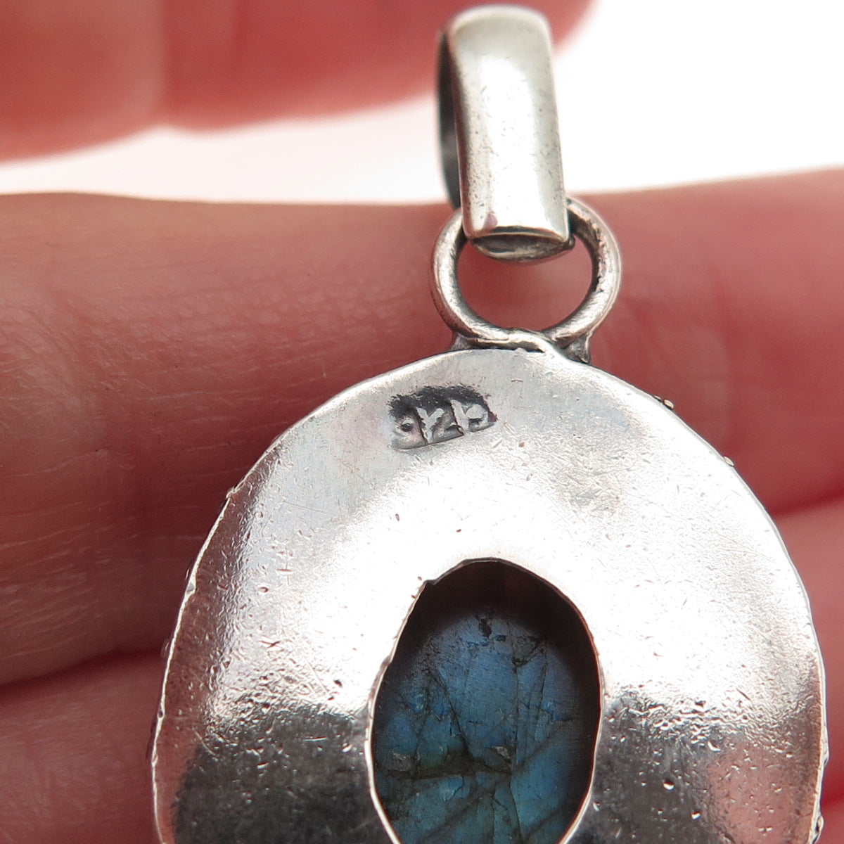 925 Sterling Silver Vintage Real Labradorite Modernist Oxidized Charm Pendant
