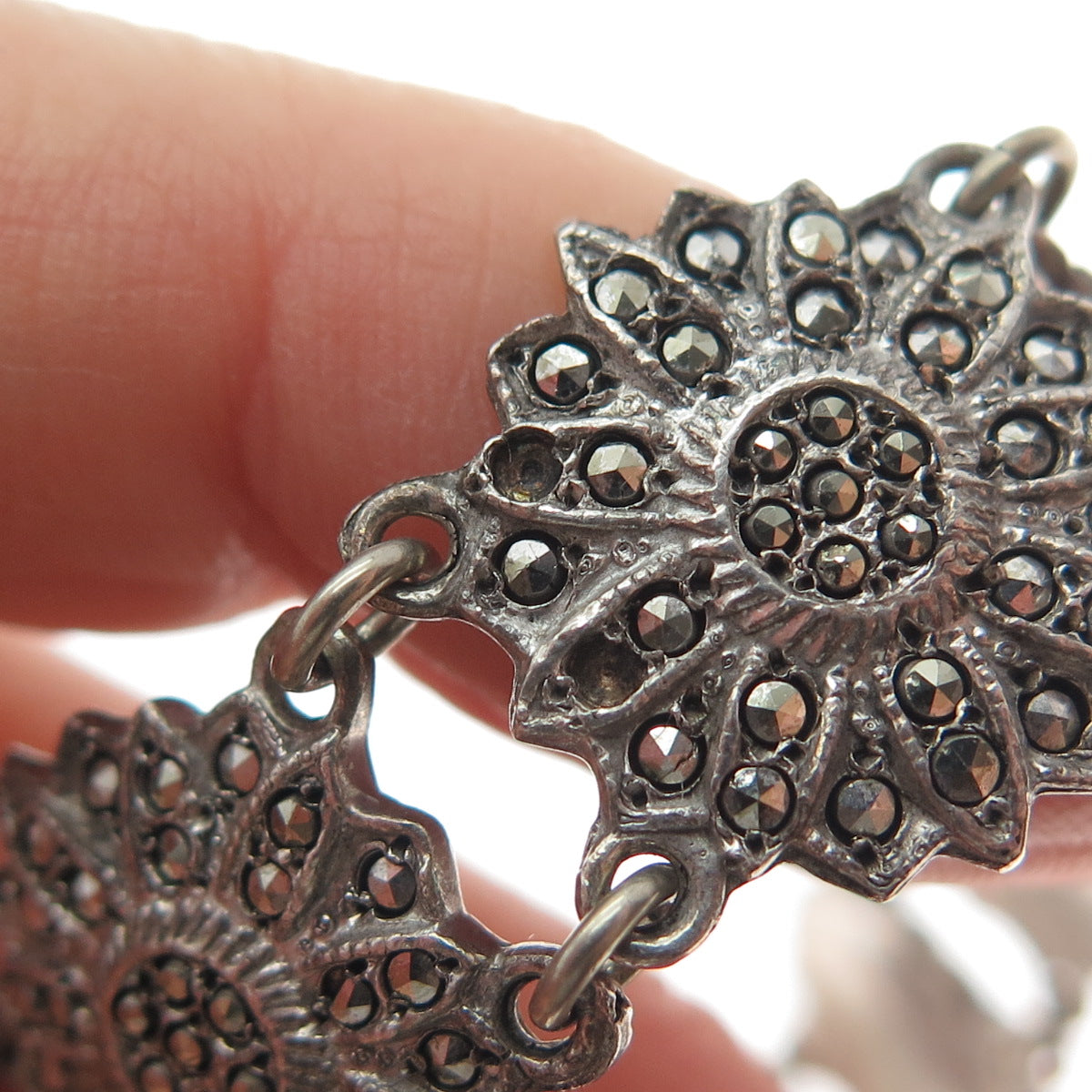 925 Sterling Silver Antique Marcasite Flower Link Bracelet 7" (missing 4 stones)