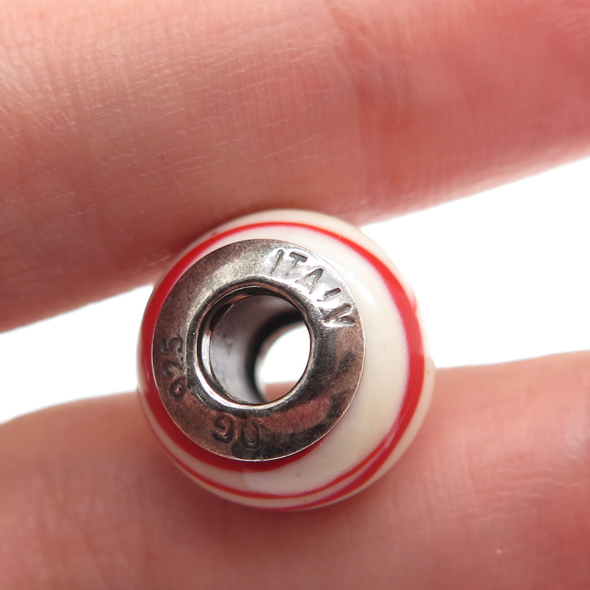 925 Sterling Silver QG Italy Red & White Murano Glass Bead Charm