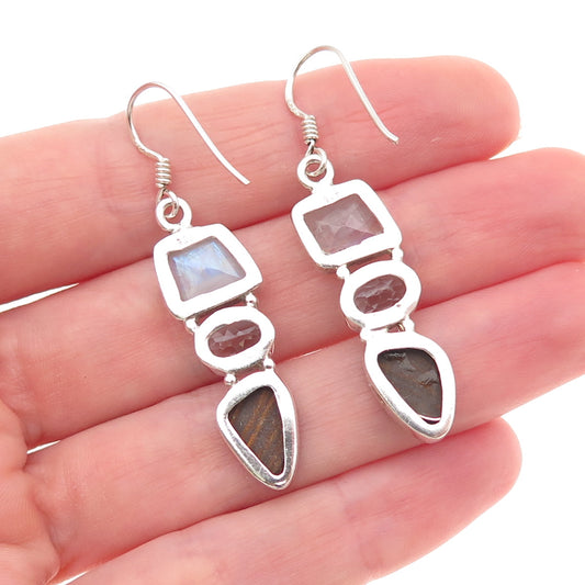 925 Sterling Silver Vintage Real Moonstone Opal & Blue Topaz Dangle Earrings