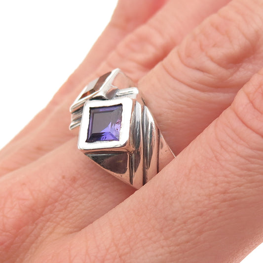 925 Sterling Silver Vintage Lab-Created Multi-Sapphire Modernist Ring Size 6.5