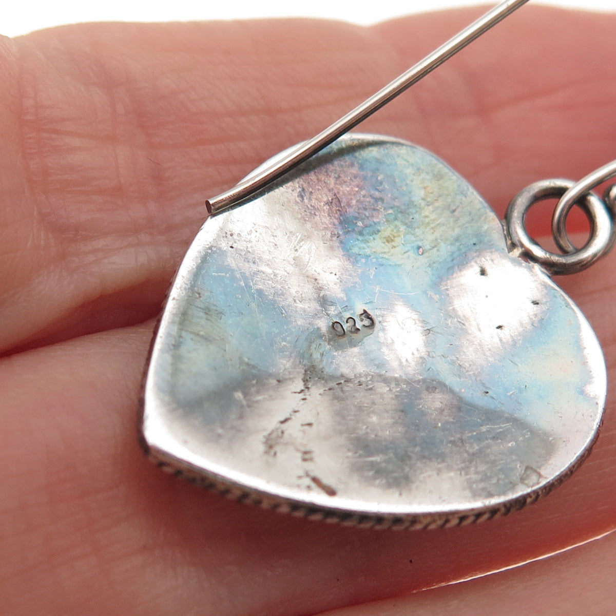 925 Sterling Silver Vintage Heart Granulated Oxidized Dangle Earrings