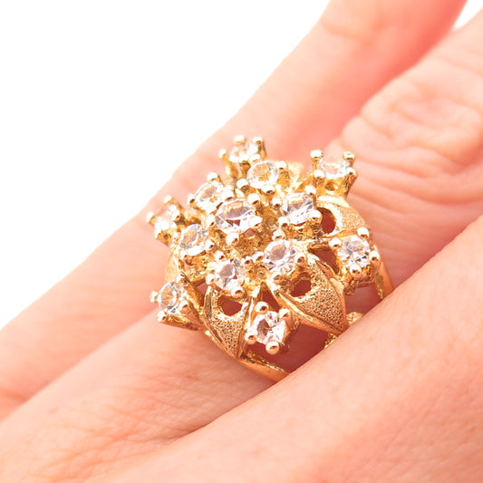 Uncas 925 Sterling Silver Gold Plated Vintage Round-Cut C Z Floral Ring Size 6
