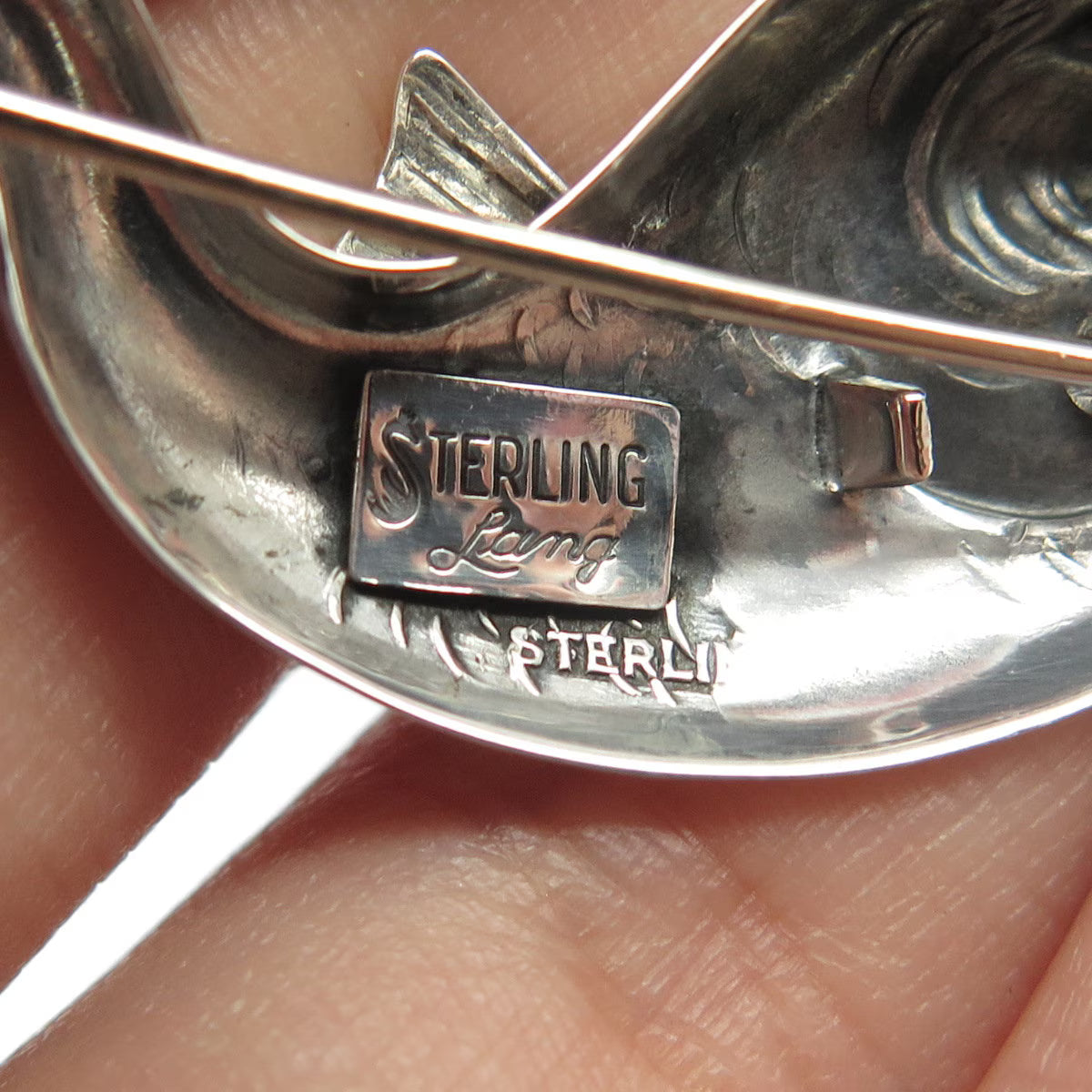 925 Sterling Silver Vintage Lang Fish Ornate Pin Brooch