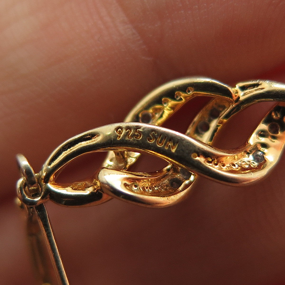 SUN 925 Sterling Silver Gold Plated Real Diamond Twisted Dangle Earrings