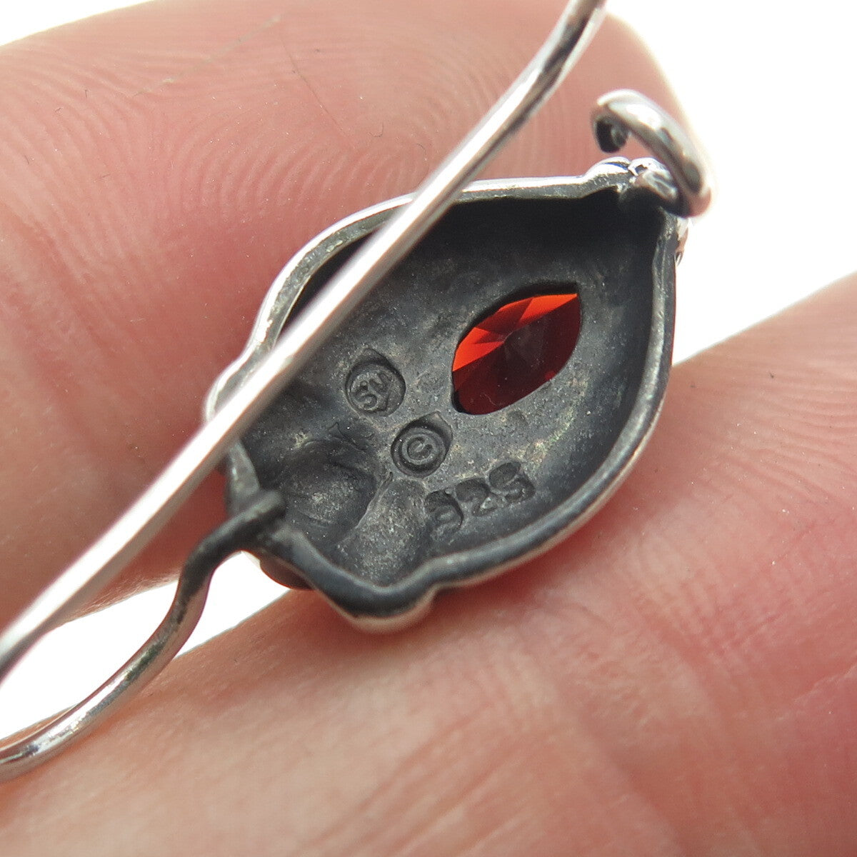 925 Sterling Silver Vintage Real Pear-Cut Red Garnet Oxidized Earrings