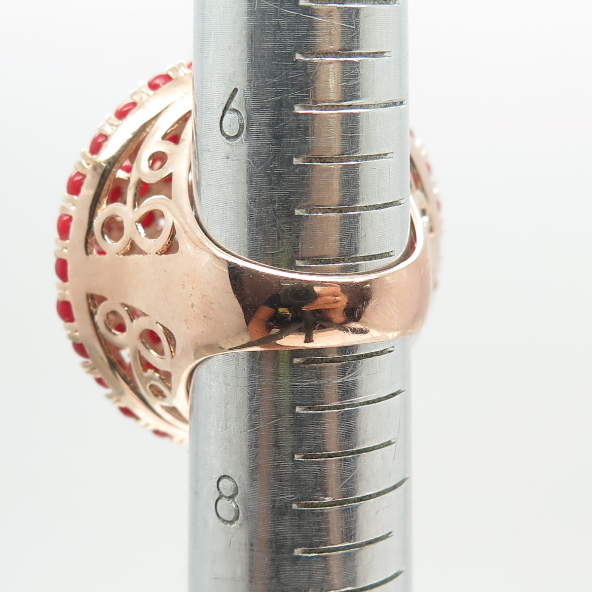 925 Sterling Silver Rose Gold Plated Coral & C Z Dome Statement Ring Size 7.25