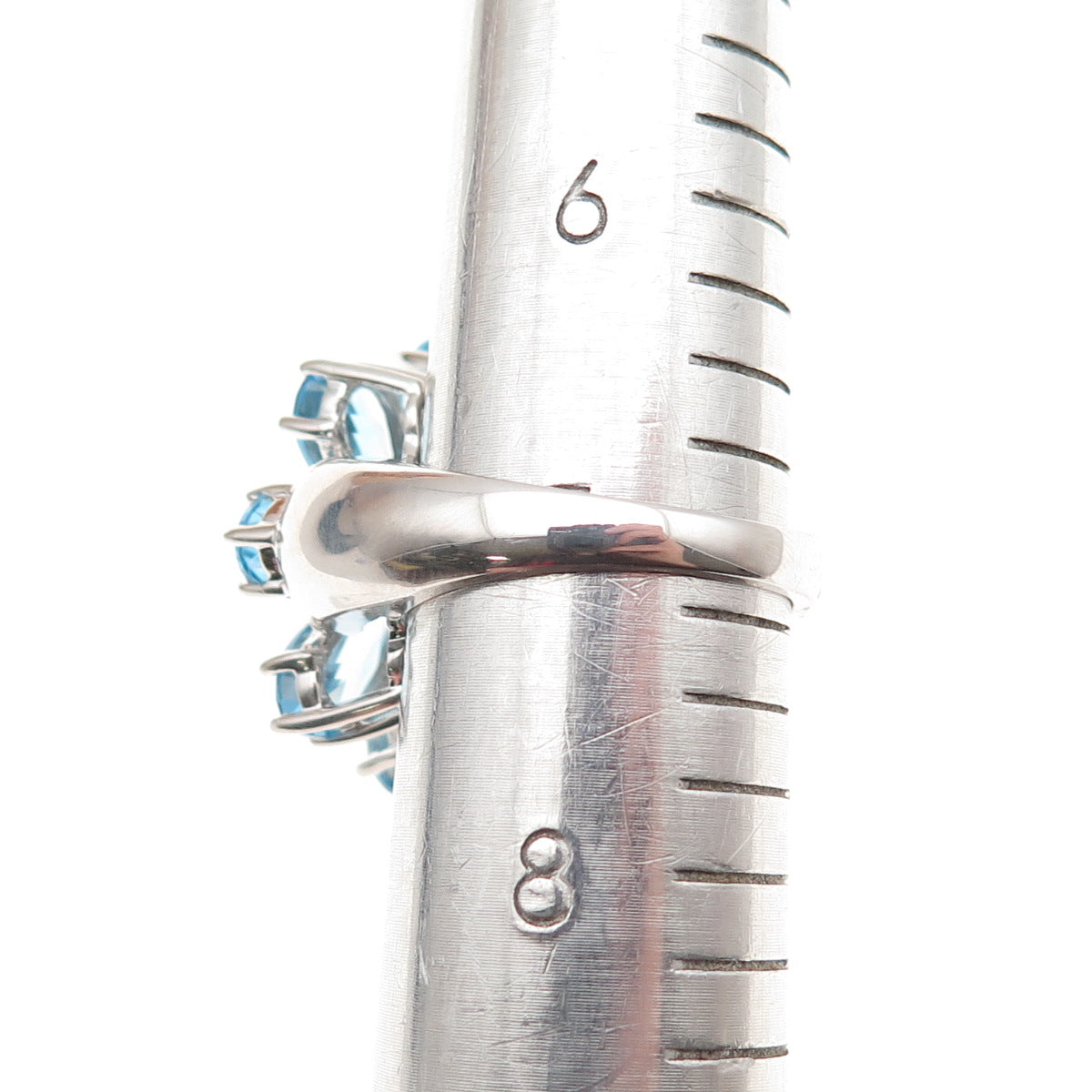 925 Sterling Silver Real Diamond & Blue Topaz Floral Ring Size 7.25