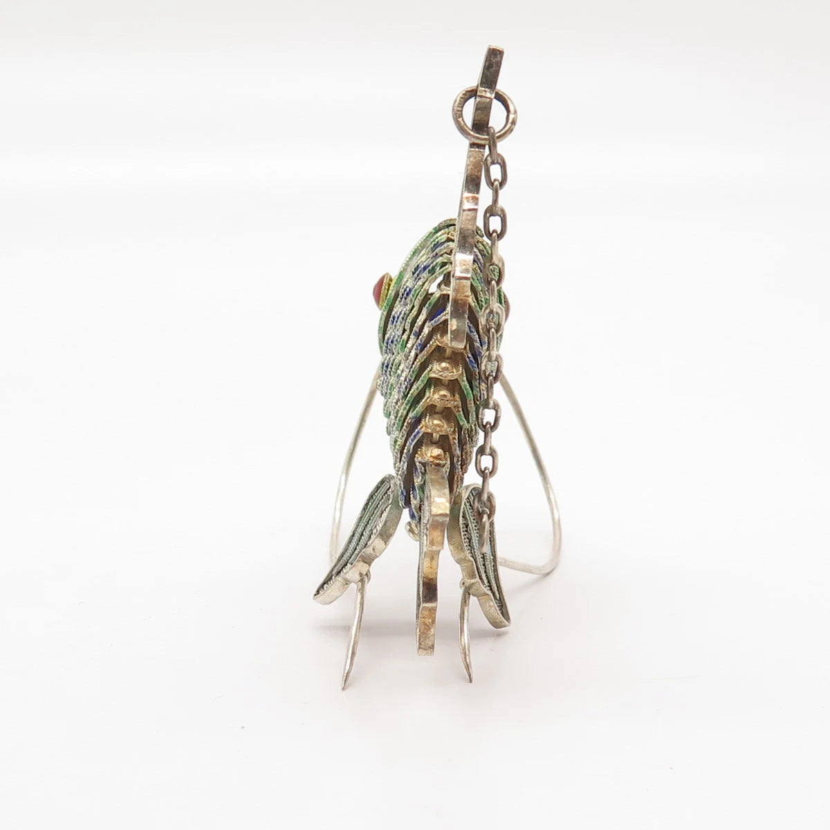 925 Sterling Silver Enamel Antique Articulated Chinese Koi Fish Chatelaine Fob