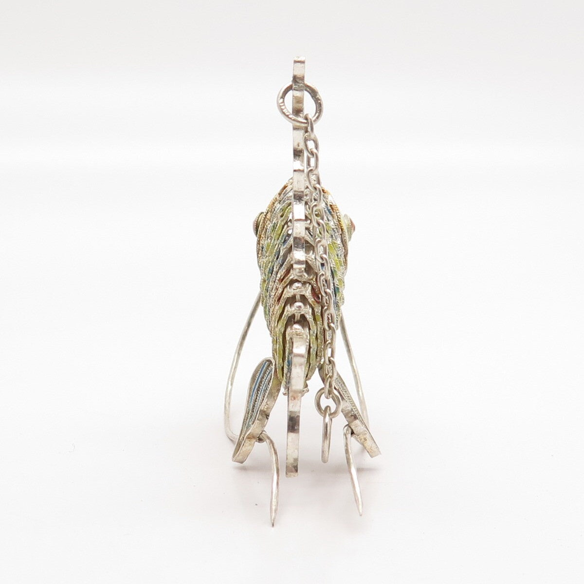925 Sterling Silver Antique Enamel Articulated Chinese Koi Fish Chatelaine Fob