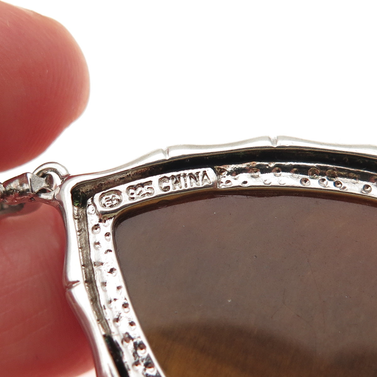 925 Sterling Silver Vintage Real Tiger Eye Bamboo Teardrop Pendant