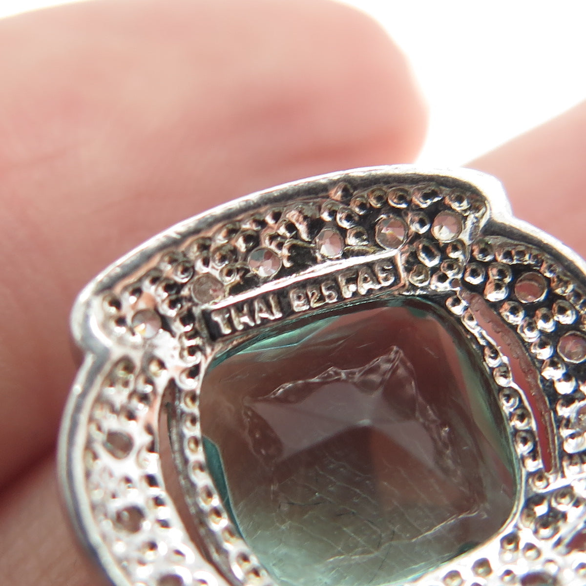 925 Sterling Silver Blue Glass & C Z Pendant