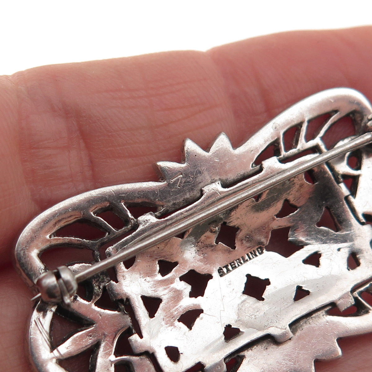 925 Sterling Silver Antique Art Deco Real Marcasite Floral Oxidized Pin Brooch