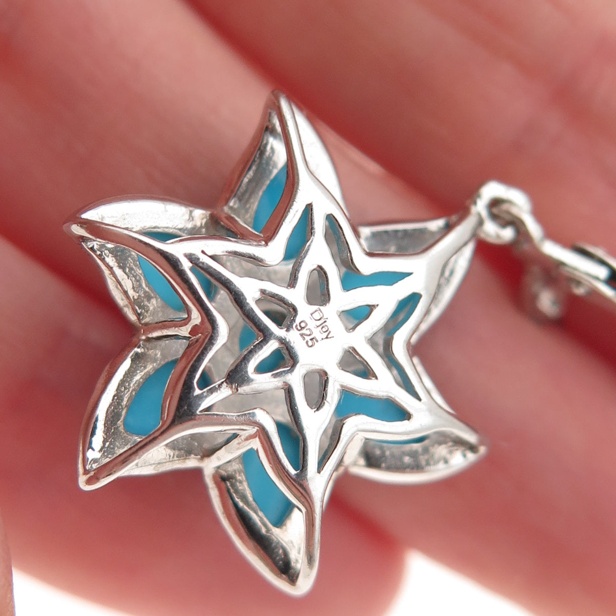 D'Joy 925 Sterling Silver Real Sleeping Beauty Turquoise Floral Dangle Earrings