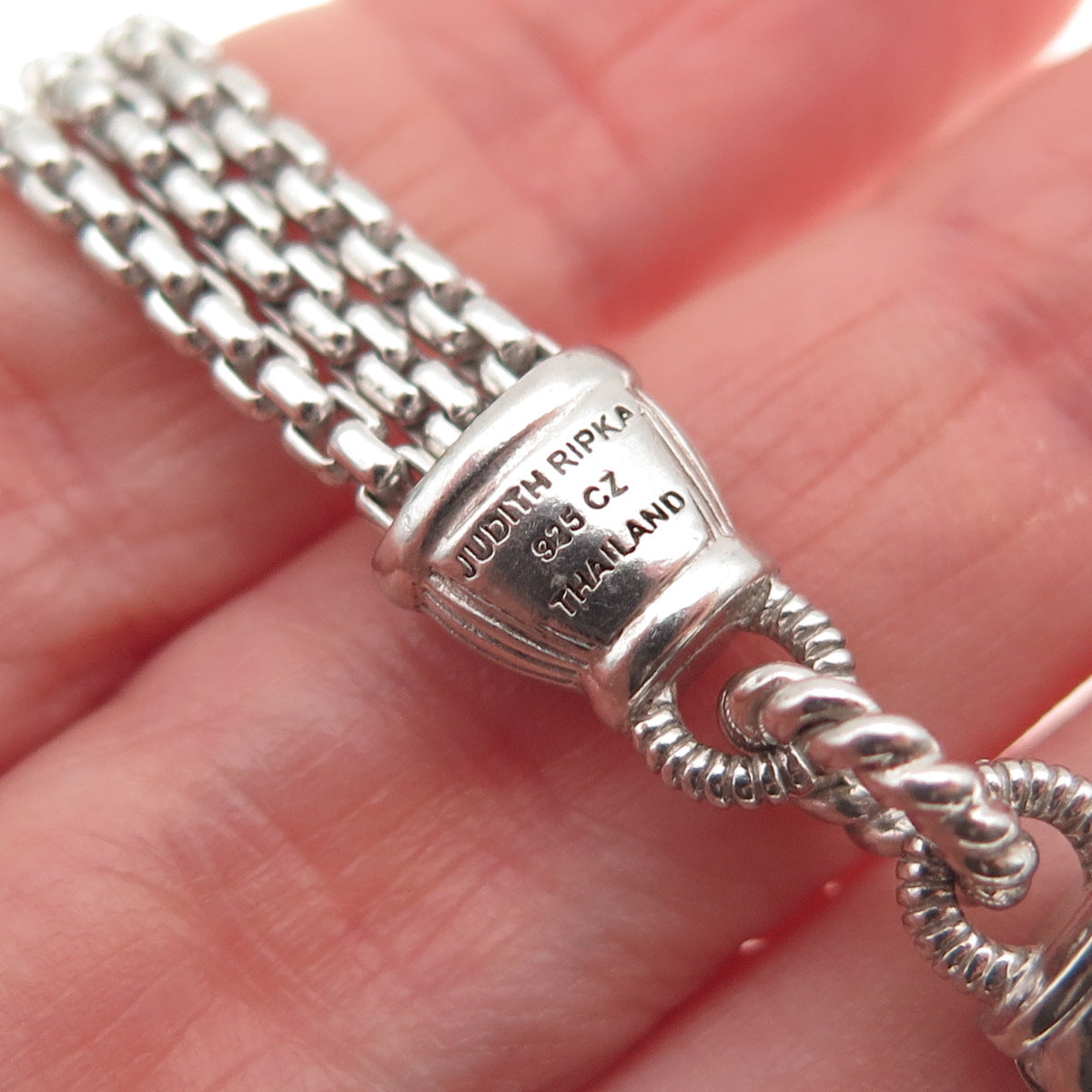 JUDITH RIPKA Sterling Silver C Z Station Round Box 3-Strand Chain Necklace 18"