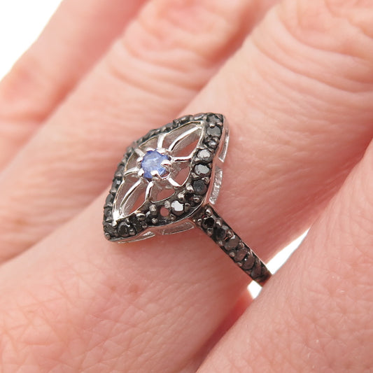 925 Sterling Silver Real Black Diamond & Tanzanite Ring Size 7.75