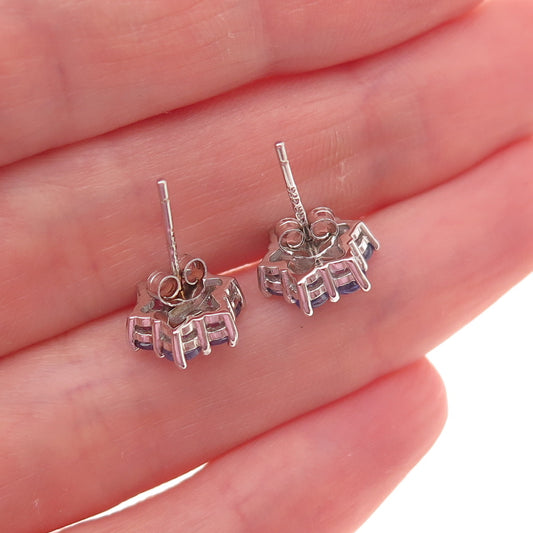 925 Sterling Silver Real Round-Cut Diamond & Tanzanite Floral Stud Earrings