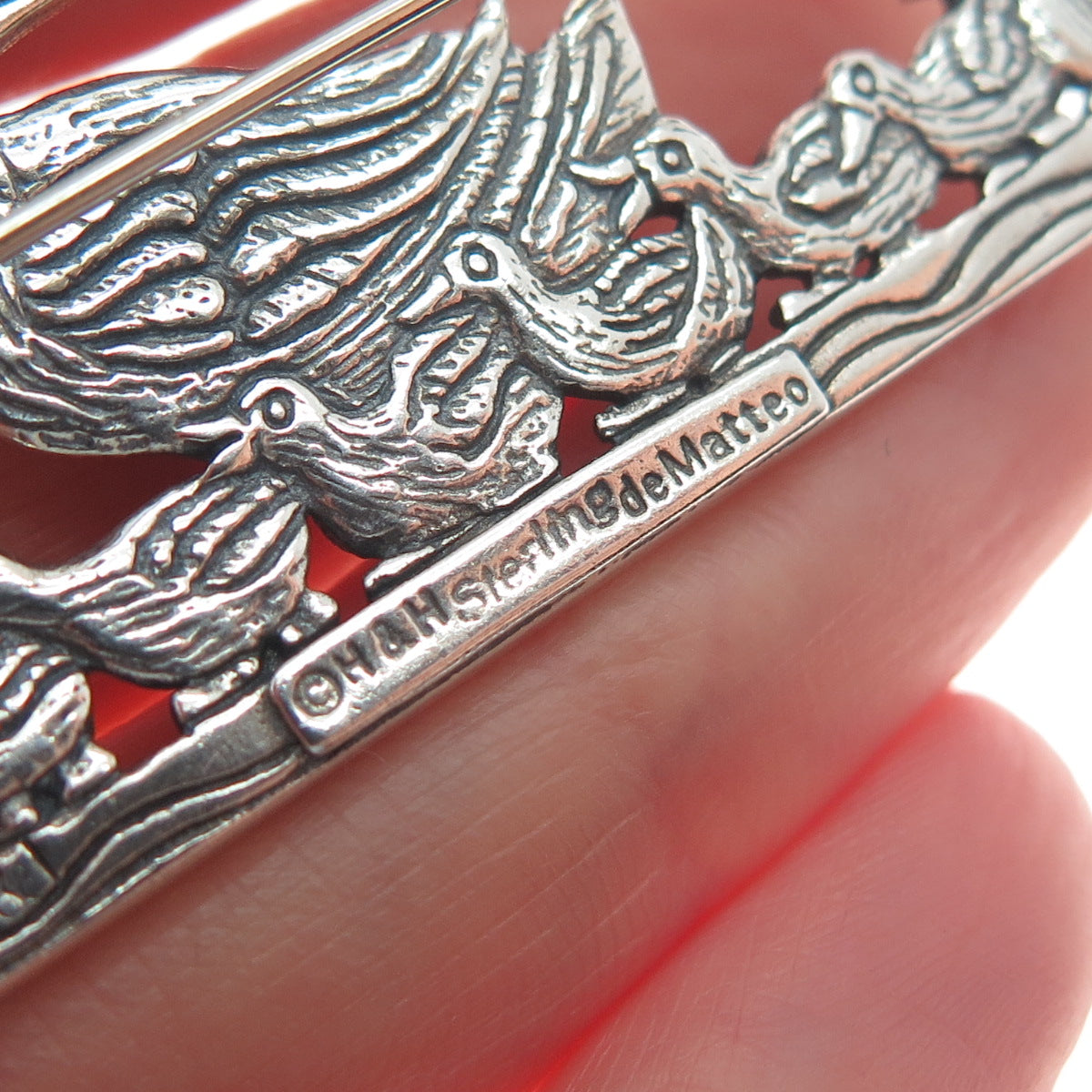 HAND & HAMMER de Matteo 925 Sterling Silver Vintage Duck Family Oxidized Brooch