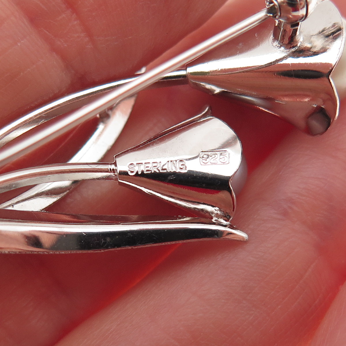 925 Sterling Silver Vintage Real Pearl Calla Lily Flower Pin Brooch