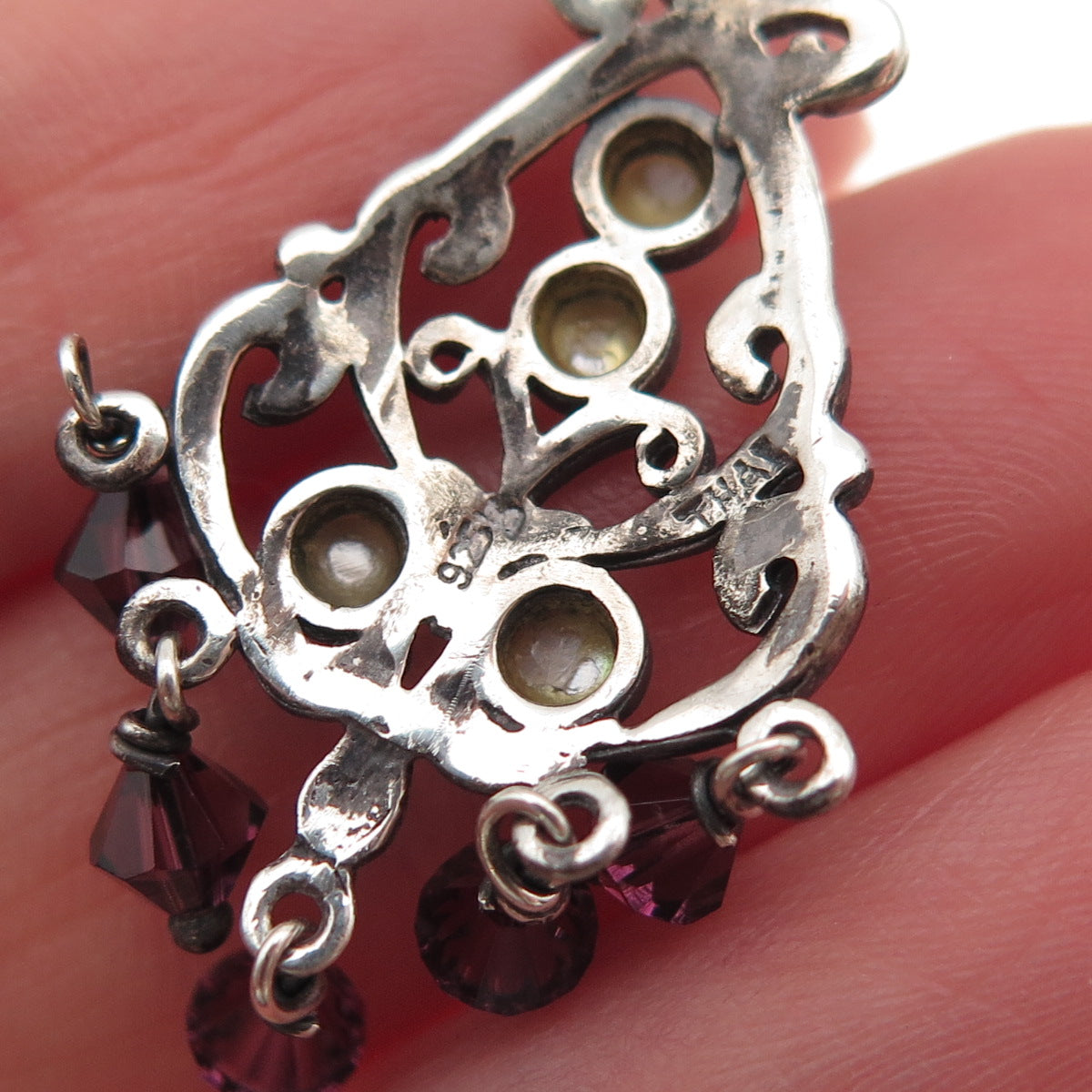 925 Sterling Silver Vintage Real MOP & Amethyst Chandelier Dangle Earrings