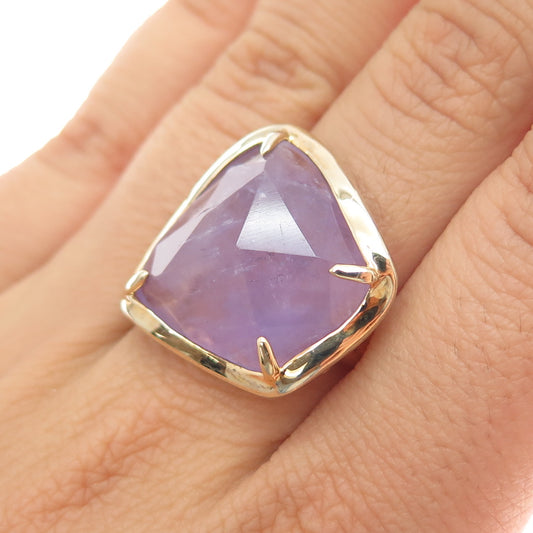 925 Sterling Silver Gold Plated Real Amethyst Modernist Ring Size 7.25