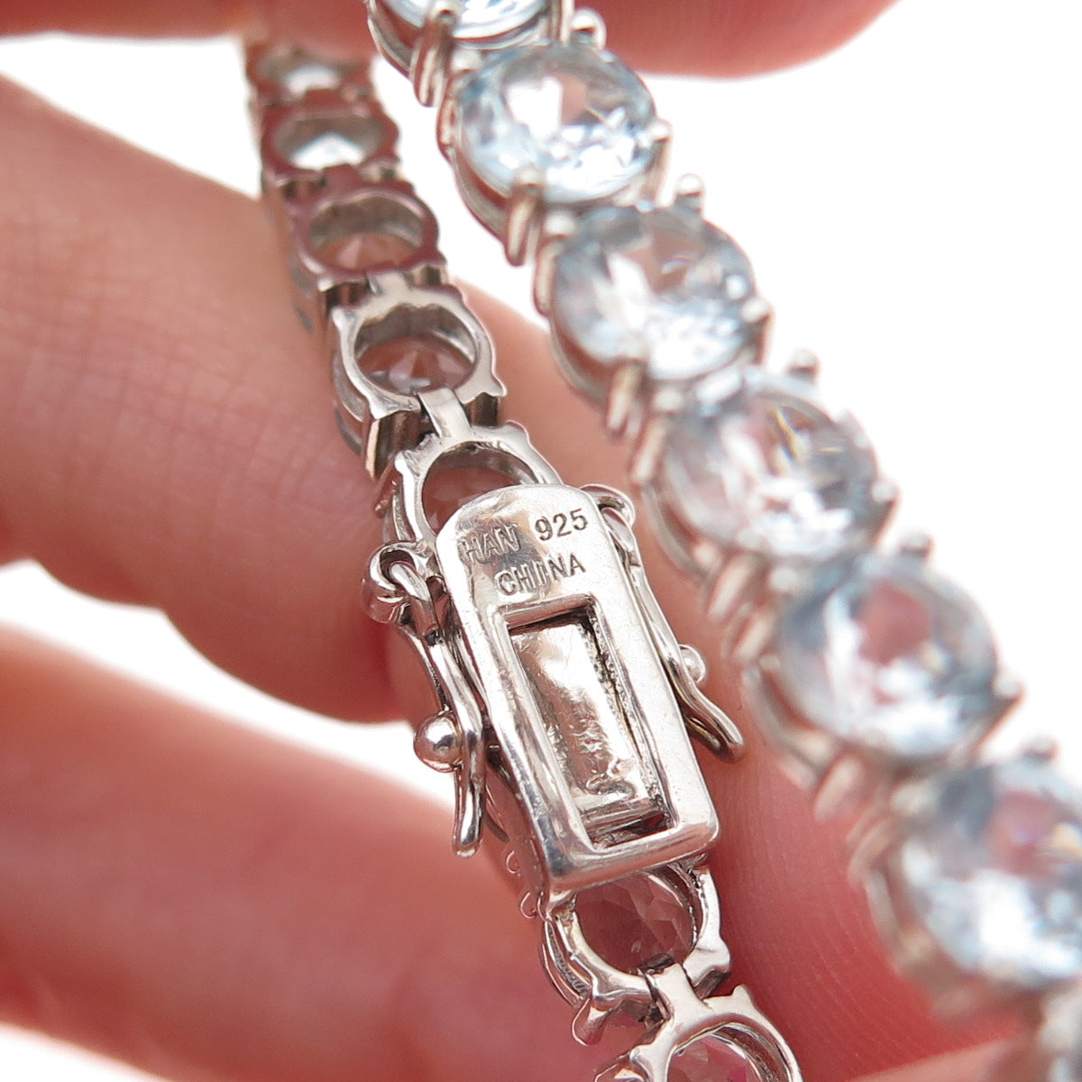 Han 925 Sterling Silver Real Round-Cut Blue Topaz Bracelet 7"