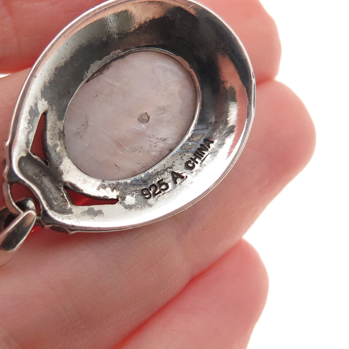 925 Sterling Silver Vintage Real MOP Teardrop Oxidized Charm Pendant