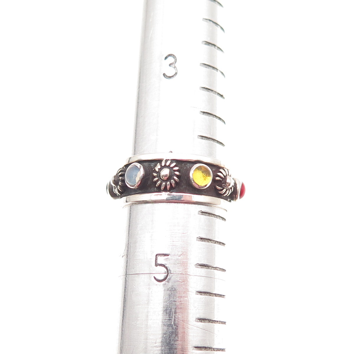 925 Sterling Silver Vintage Mexico Real Multi-Gem Cannetille Band Ring Size 4.5