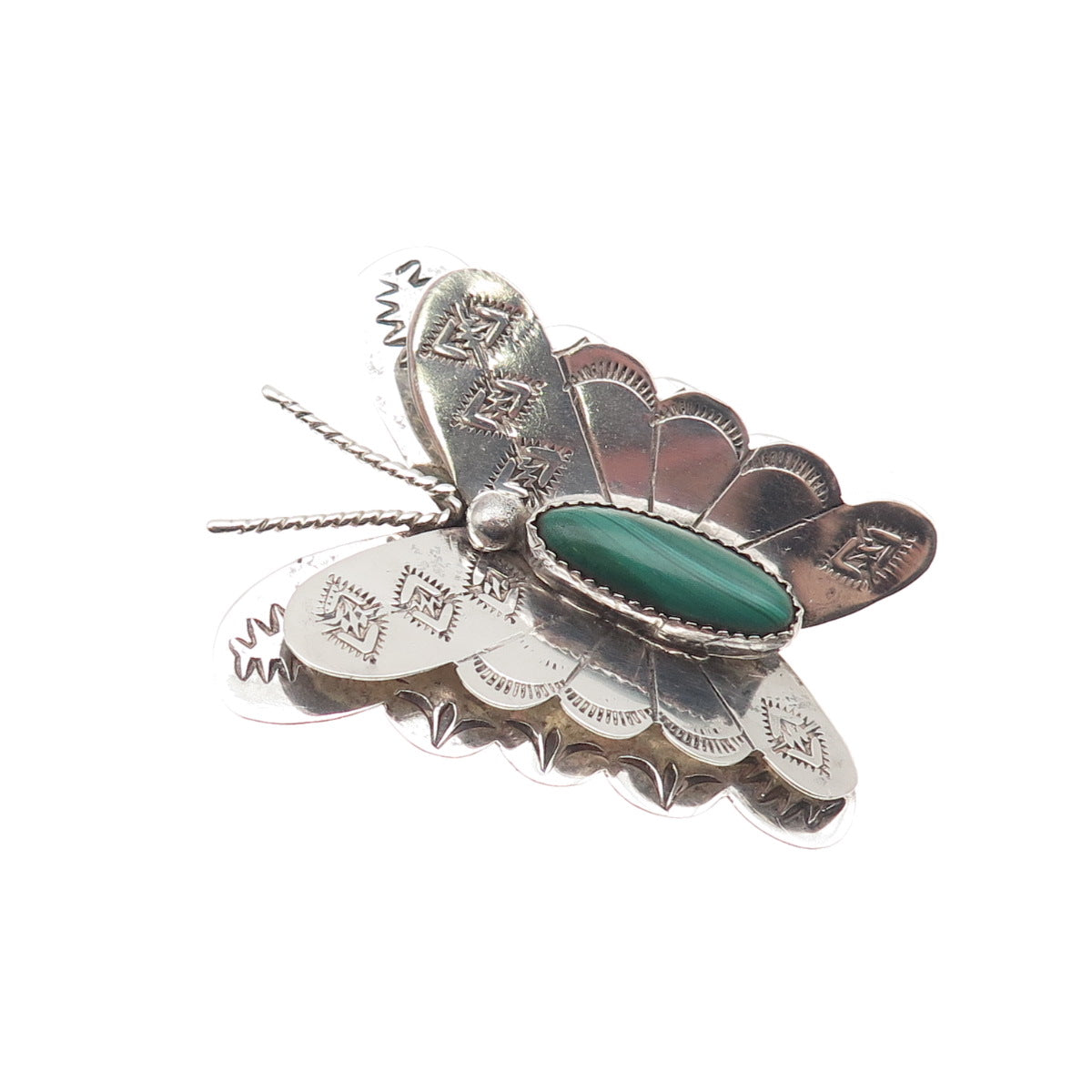Old Pawn 925 Sterling Silver Vintage Southwestern Malachite Butterfly Pin Brooch