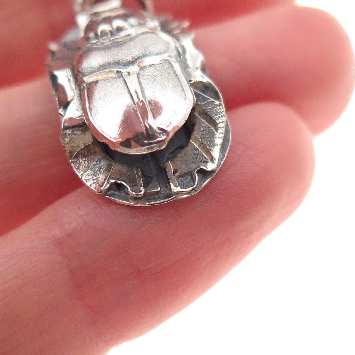 800 Silver Vintage Egyptian Scarab Oxidized 3D Charm Pendant
